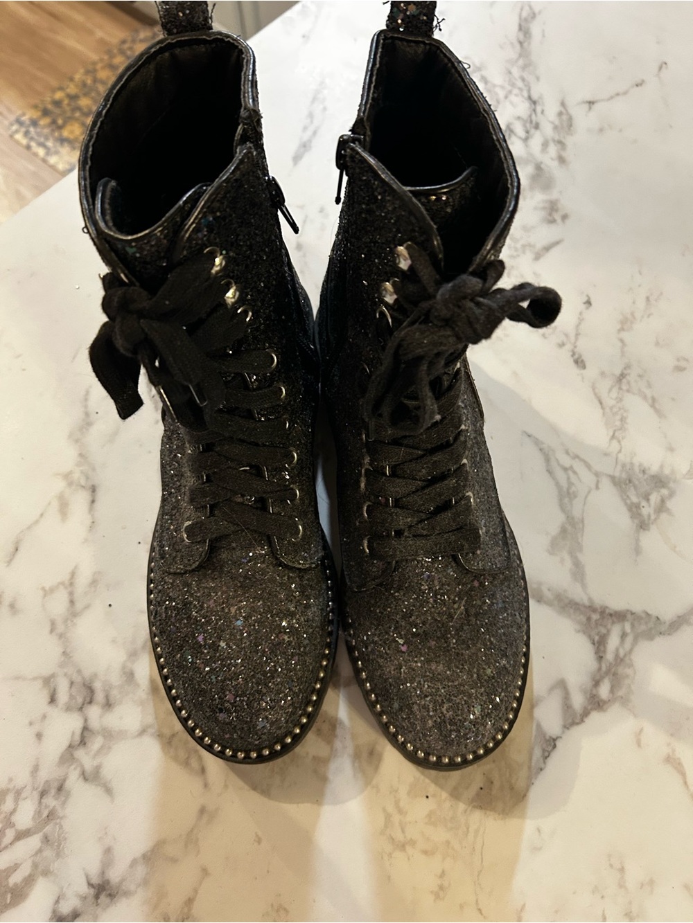 Glitter Lace-Up Ankle Boots in Black